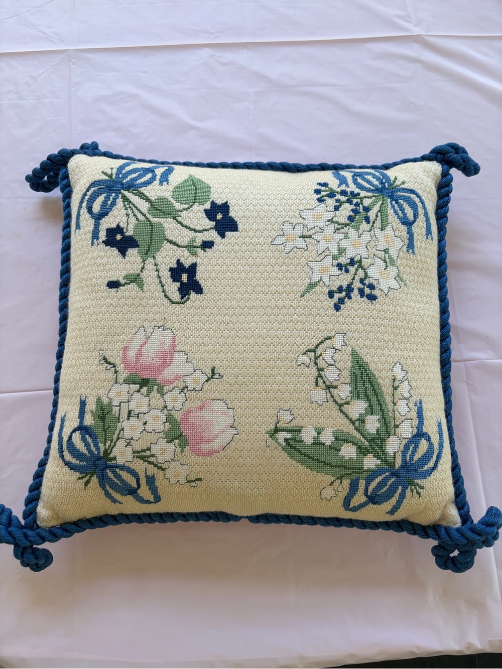 Floral Needlepoint Throw Pillow with Blue Rope Trim